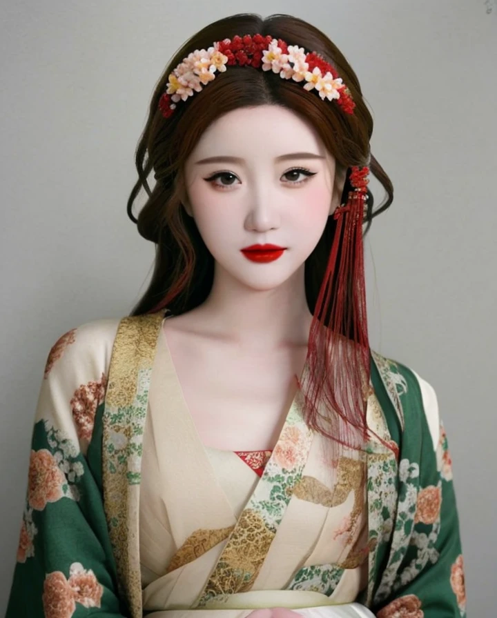 1girl,flower head,hanfu,realistic,photo,rising corner of the eye,dan phoenix eye,real skin texture,