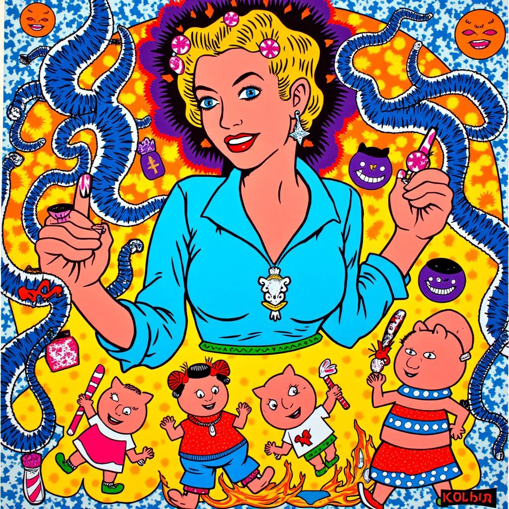 An art collage in the style of Frank Kozik. Housewife holding a whip. Blue tentacles. Centipedes crawling. Smiling cat faces. Surgical tools. Fire. Spiders. Candy canes. Dancing children. Hamburgers. Diamonds. Smiling pigs. Bright colors.