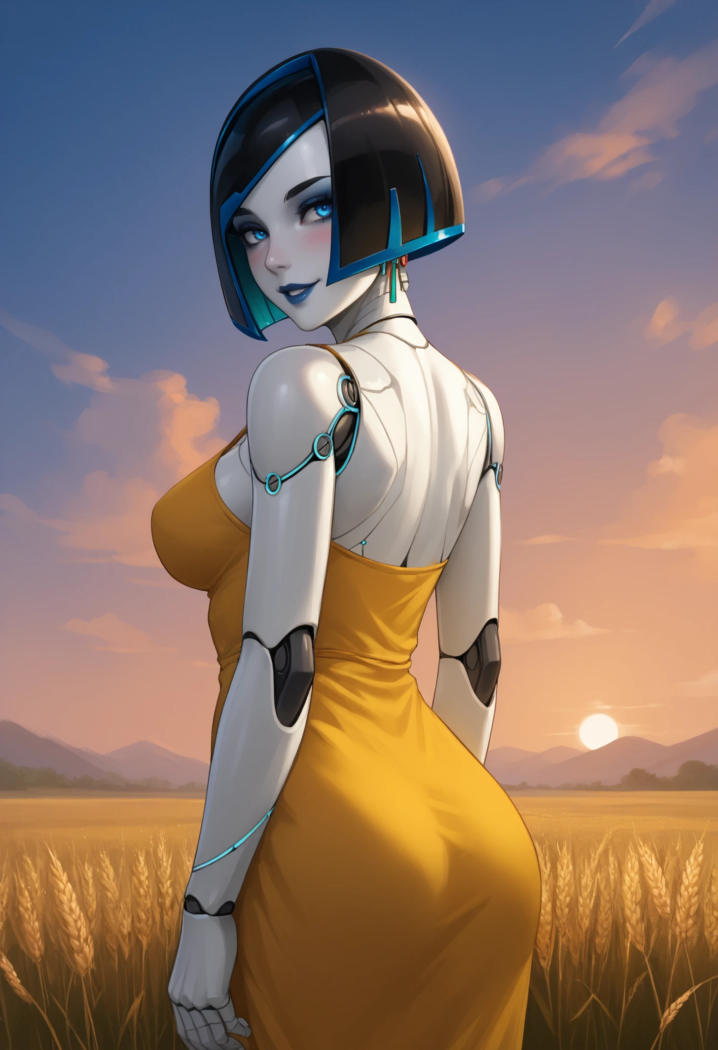 score_9, score_8_up, score_7_up, 1girl, demidef, android, robot joints, colored skin, white skin, blue eyes, lipstick, eyeshadow, earrings, short hair, large breasts,
yellow sundress,
looking at viewer, smile, blush, parted lips, looking back, back,
outdoors, wheat field, sunset,
<lora:Subverse-DEMI-PDXL_V1-Manityro-CAME:1.0>,