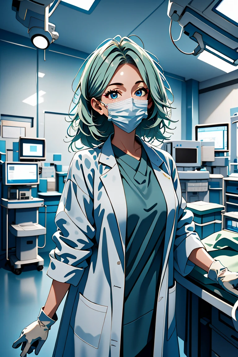 (RAW photo, best quality,facing the viewer,from front), operating room, overhead surgical light,blurred background, focused, dithering,backlighting,
 <lora:CMC924_Jade_Yamamoto_V1.0:0.9> cmc924, jade yamamoto, 1girl, solo, green hair, blue eyes,
 <lora:doctor_surgery_V1.0:0.8> doctor_in_surgery, surgical mask, 1girl, indoors, labcoat, gloves, looking at viewer, doctor,