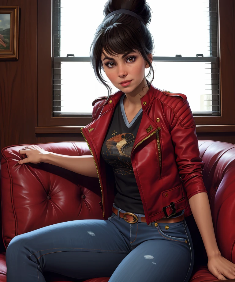 lislnessq,black hair,brown eyes,single hair bun,
red jacket,black shirt,looking at viewer,smile,jeans,
sitting,couch,
city,indoors,
(insanely detailed, masterpiece, best quality) solo,<lora:LoisLaneSSQ:0.8>,