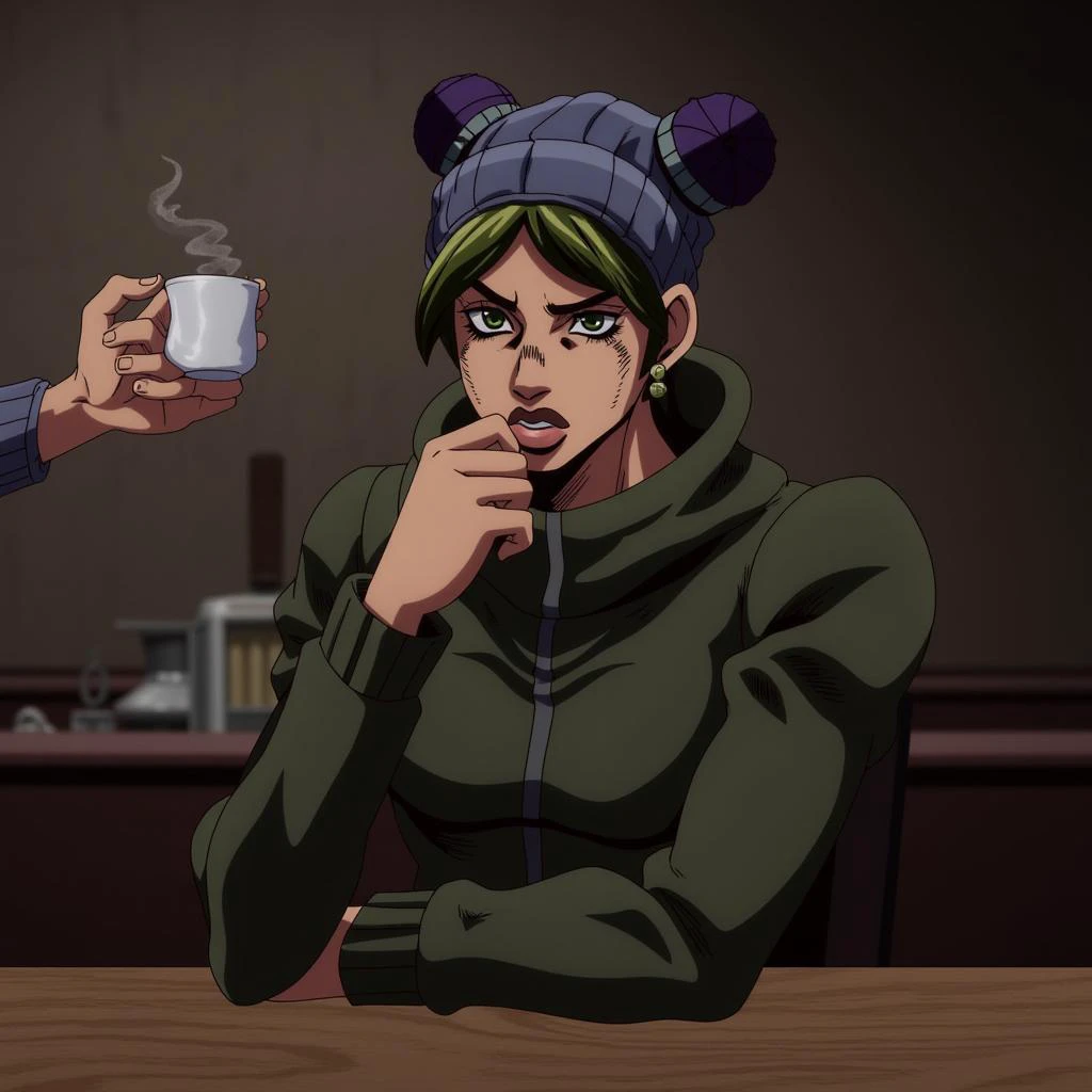 a JojosoStyle man holding a coffee cup, in a beanie, sitting at a cafe