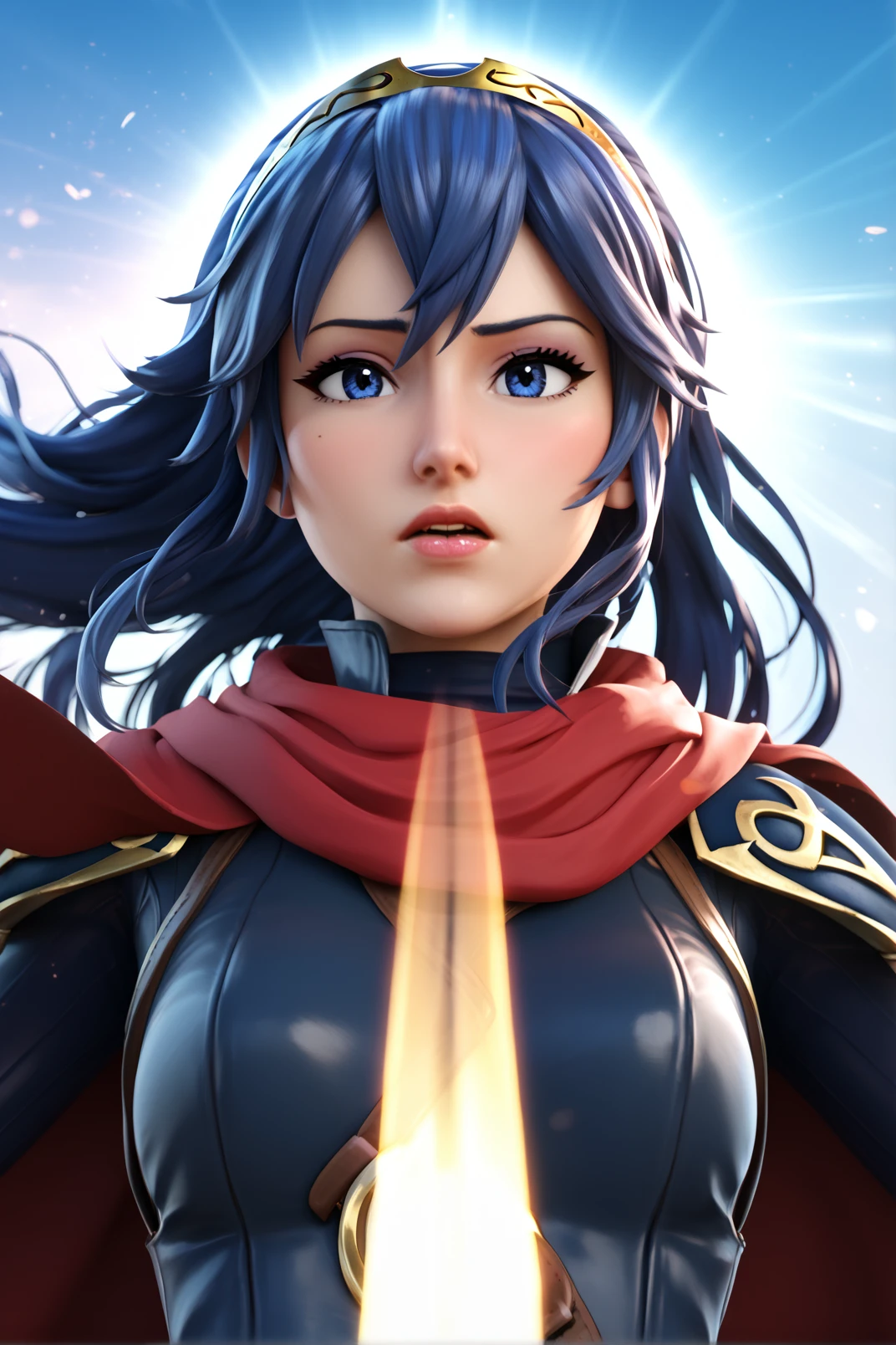 long shot scenic professional photograph of (score_9, score_8_up:1.1), score_7_up, score_X, score_Y_up, BREAK,  1girl, 
 <lora:LUCINA:1>lucina_(fire_emblem), Super Smash Bros Ultimate style, Final Smash pose, critical hit stance, Falchion sword glowing blue, intense blue energy aura, dramatic smash stage background, dynamic stage lighting, action lines, motion blur, determined expression, power stance, unleashing ultimate attack, dramatic low angle shot, Smash Ball fragments floating, opponent silhouette flying backwards, 3/4 view, long blue hair flowing dramatically, red cape billowing, golden tiara glinting, armor with intricate details, slim athletic build, fair skin.
high detail render, 4K resolution, cinematic composition, depth of field, ray tracing, volumetric lighting, particle effects, lens flare, motion lines, impact frames, high contrast, vibrant colors, metallic sheen on armor, fabric physics simulation on cape, hyper realistic textures, sharp focus on face and sword.
epic battle cry, sword trail effect, electric sparks, shockwave ripples in air, time slowing down effect, camera zoom effect, impact tremor, dramatic shadows, lens flare from sword glow, swirling energy vortex, floating debris, speed lines, anime impact frames, hit effect bursts., Glamour portrait, beautiful woman, elegant pose, flawless skin, vibrant makeup, styled hair, soft lighting, bokeh background, high fashion, studio quality, professional photography, magazine cover style., perfect viewpoint, highly detailed, wide-angle lens, hyper realistic, with dramatic sky, polarizing filter, natural lighting, vivid colors, everything in sharp focus, HDR, UHD, 64K