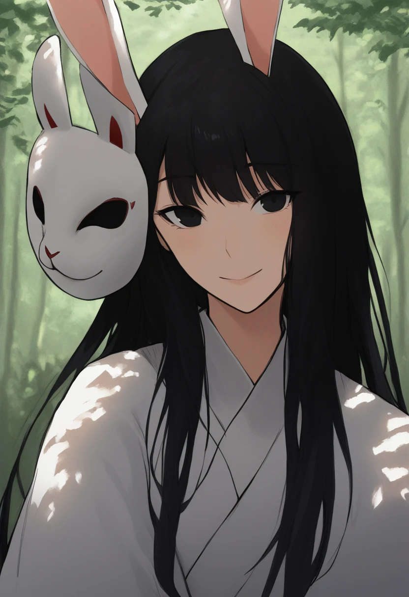 score_8_up, woman, smile, long hair, black hair, black eyes, looking at viewer, seductive smile, light blush, outdoors, forest, upper body, shade, rabbit mask, white kimono, mask on head, 
<lora:DarkerThanDarkV1.5:0.5> 
<lora:AnimalMasks-000009:1>