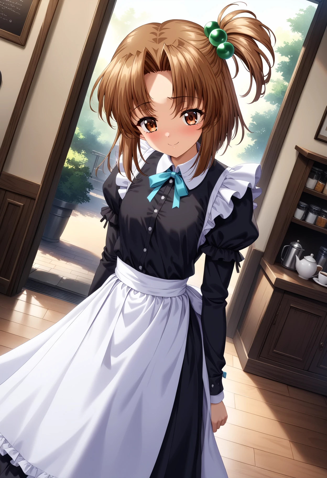 masterpiece,best quality,very aesthetic,absurdres,rim light,intricate details,1girl,solo,<lora:SHINBASHI_RINA_V1:1>,rina_shinbashi,brown eyes,brown hair,short hair,hair ornament,Side ponytail,small_breasts,<lora:Fixhands_anime_bdsqlsz_V1:1>,standing,light_blush,looking_at_viewer,dutch angle,cinematic_angle,dynamic_angle,full_shot,blush,maid,cafe,curtsy,smile,, masterpiece,best quality, very aesthetic, absurdres, ultra detailed, high resolution, 4k, extremely detailed CG,