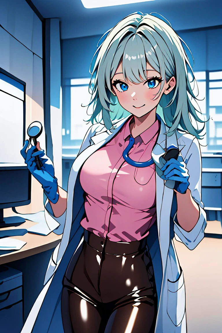 (RAW photo, best quality,facing the viewer,from front), operating room, overhead surgical light,blurred background, focused, dithering,backlighting,
 <lora:CMC924_Jade_Yamamoto_V1.0:0.9> cmc924, jade yamamoto, 1girl, solo, green hair, blue eyes,
 <lora:Doctor_Modern_Uniform_V2.0:0.8> doctor_modern_uniform, 1girl, solo, looking at viewer, smile, pink_shirt, labcoat, blue_gloves, stethoscope, doctor,latex pants, brown_pants,