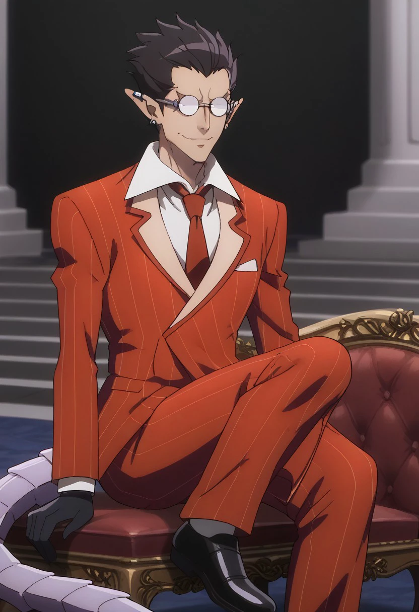 score_9, score_8_up, score_7_up, source_anime, rating_safe, DemiurgeOL, black_Demiurge_hair, opaque_Demiurge_glasses, grey_Demiurge_piercings, 1boy, male focus, anime screencap, red_Demiurge_pinstripe suit, white_Demiurge_shirt, black_Demiurge_gloves, red_Demiurge_striped pants, light purple_Demiurge_tail, black_Demiurge_shoes, red_Demiurge_necktie, sitting, confident pose,