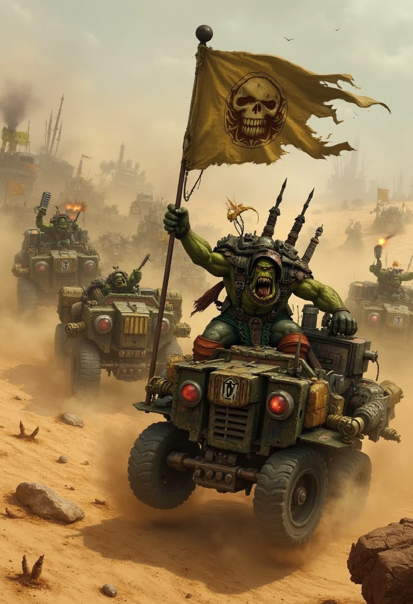 An Ork warband rampages across a desolate desert, kicking up clouds of dust as they speed towards a hapless outpost. The Orks ride on a variety of ramshackle warbikes and trukks, their engines roaring and belching black smoke. Some Orks stand atop the vehicles, firing wildly into the sky or smashing their weapons together in a show of brutal enthusiasm. The warband’s banner, a crude skull symbol painted on tattered fabric, flutters madly in the wind. The landscape is a blur of motion and noise, with the Orks’ raucous laughter and bellows of excitement dominating the scene as they prepare to lay waste to anything in their path.