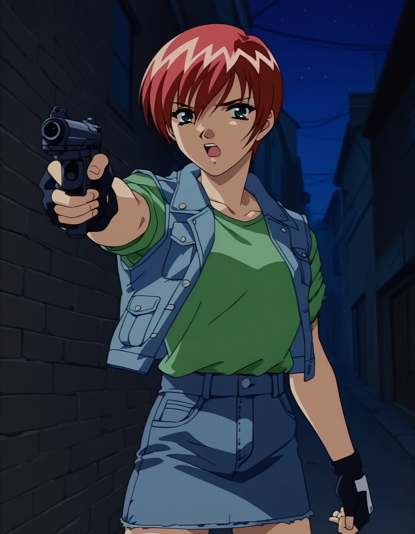 score_9,  score_8_up, score_7_up, <lora:shuusaku-ova-ponyxl-000006:1> asami, short hair, denim jacket, green shirt, t-shirt, denim skirt, fingerless gloves,
1girl, solo, furrowed brow, open mouth, dramatic, aiming, aiming at viewer, trigger discipline, gun, alley, night