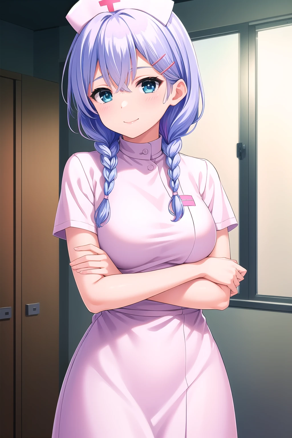 (masterpiece, best quality), highly detailed background, perfect lightingbest quality, murakamifumio, solo, indoors, hospital, nurse, nurse cap, light blue hair, hairclip, hair between eyes, twin braids, hair over shoulder, long hair, blue eyes, medium breasts, white dress, long dress, smile, closed mouth, :), pink lips, <lora:Murakami-Fumio:0.7>