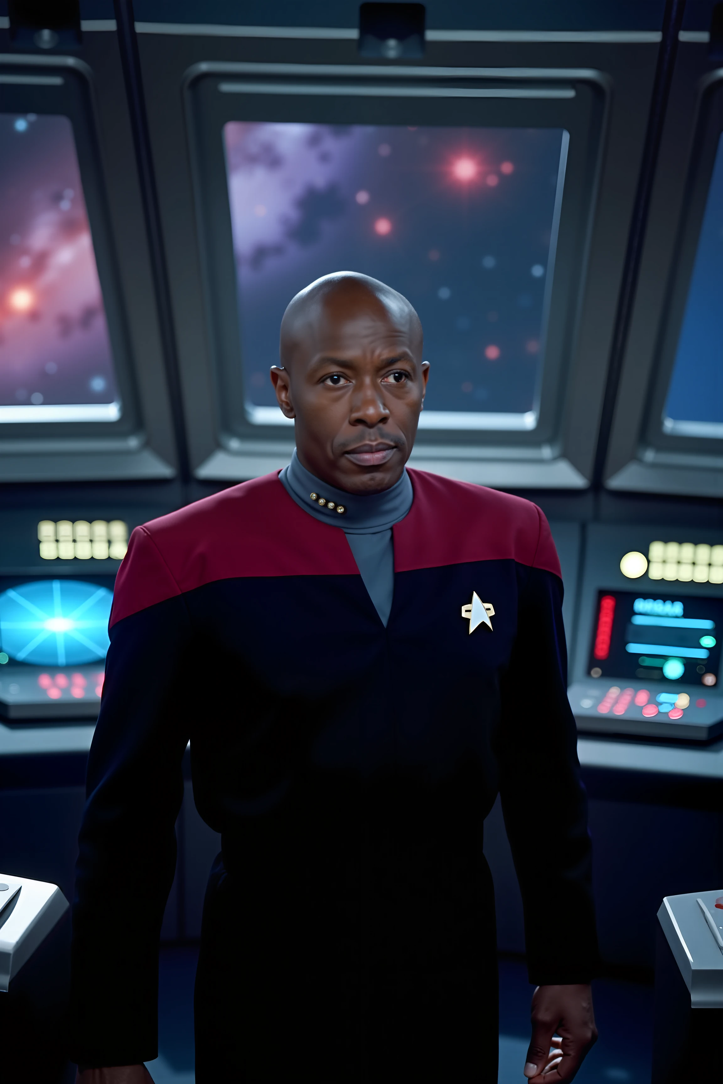 A high-resolution photo of a futuristic starship bridge, bathed in soft, ambient light from the ship’s control panels and displays. At the center of the scene, the captain, dressed in a black Voyager uniform with red shoulders, stands confidently at the command station. The uniform’s sleek design and distinctive red hue contrast sharply with the cool, metallic tones of the bridge’s advanced technology. Behind the captain, large windows reveal a breathtaking view of distant galaxies and vibrant nebulae. The bridge is filled with an array of holographic interfaces and glowing control consoles, creating a high-tech, immersive environment. The captain’s posture and focused expression exude leadership and resolve, perfectly capturing the essence of futuristic command.