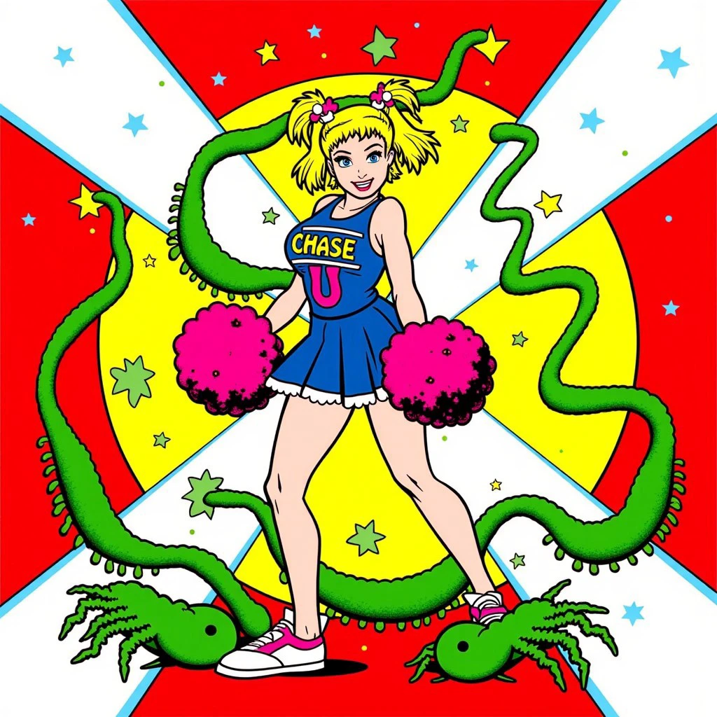 Female cheerleader for Chase University doing a dance with pompoms. Her outfit says "Chase U". She has blonde hair and pigtails. She is surrounded by green worms and green tentacles and centipedes. Smoke. Stars. Red. White. Yellow.. Green.