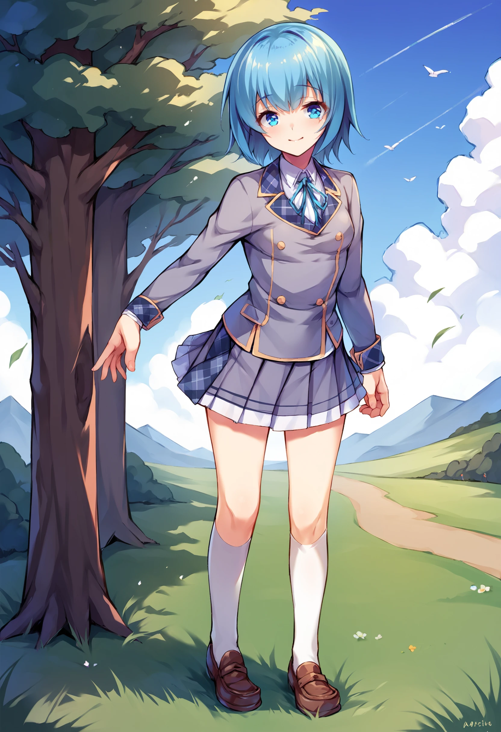 score_9, score_8_up, score_7_up, score_6_up, source_anime, 1girl, solo,
grass, tree,
BREAK
light smile, closed mouth,
ayase nao, blue hair, short hair, blue eyes, small breasts,
school uniform, blazer, pleated skirt, loafers, white socks,
full body, standing, 
<lora:faux-ayase-nao-dora-pivotal6:0.8>