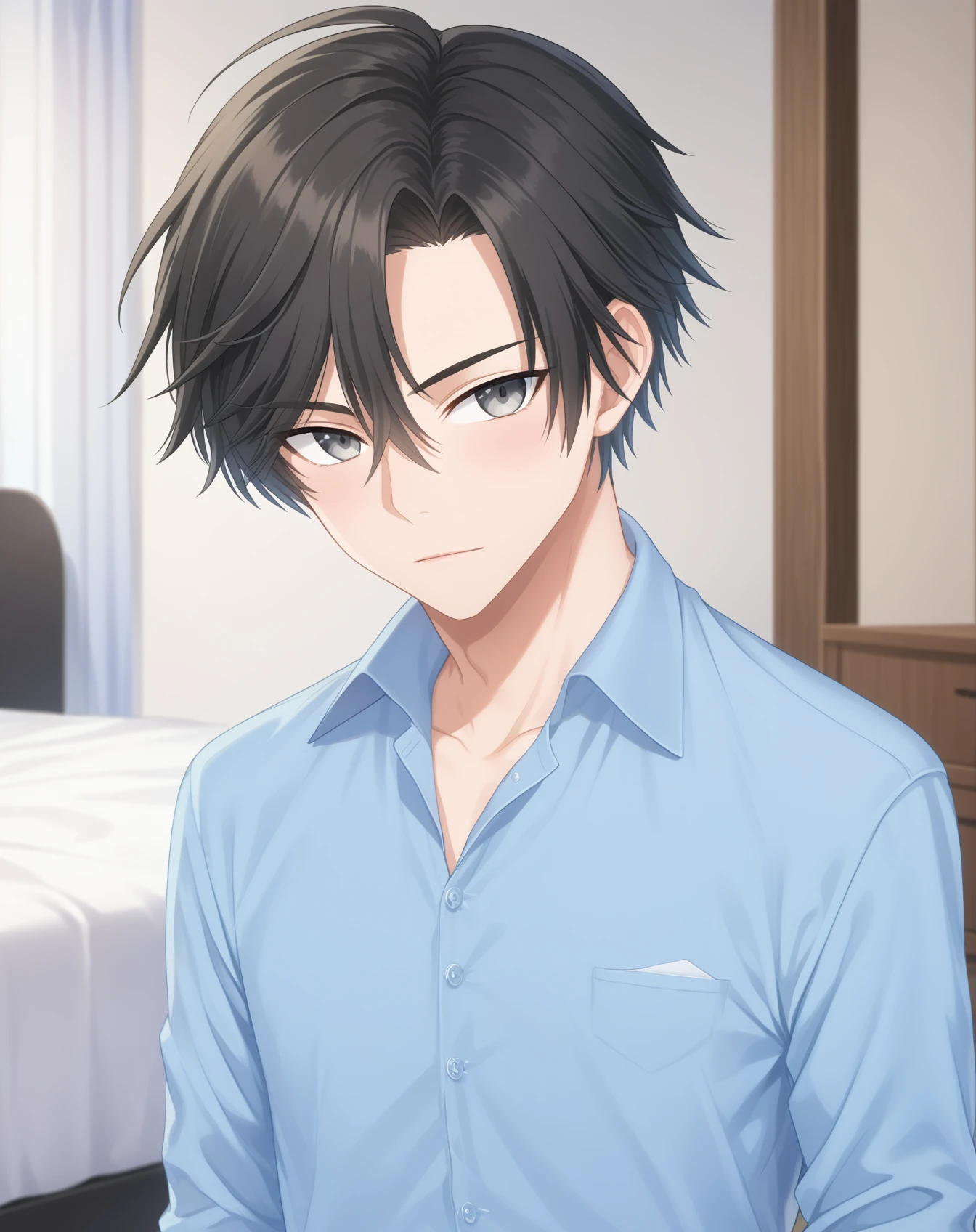 score_9, score_8_up, score_7_up, source_anime, anime screencap, depth of field, rating_safe, BREAK,
1boy, solo, yaoi, male focus,
looking at viewer, cowboy shot, facing viewer,
<lora:jumin_han_pony:1> jumin_han_pony, black hair, grey eyes, short hair,
indoors,