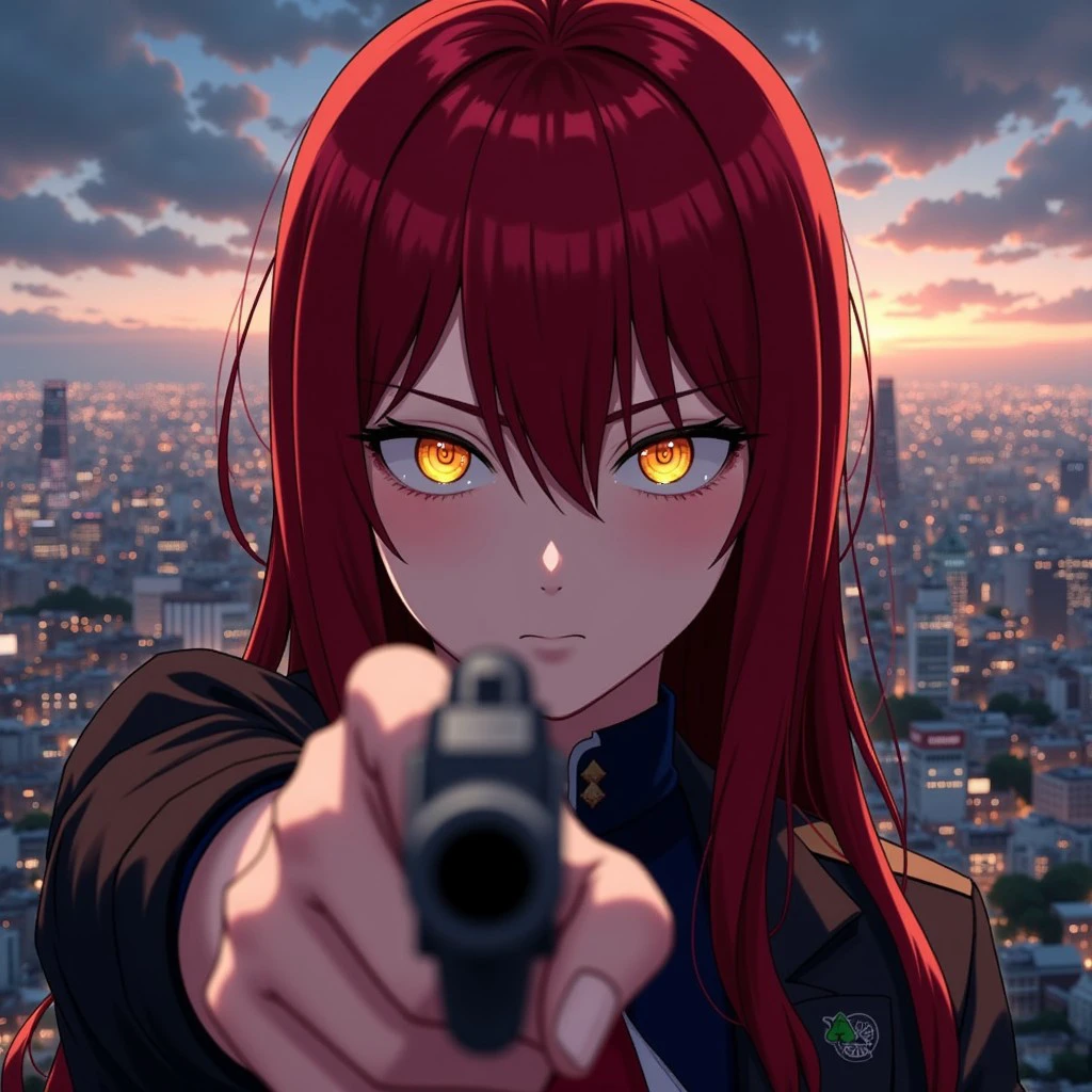 makima, red hair, yellow ringed eyes. Makima fiercly pointing a finger gun at the viewer. Her yellow eyes are glowing and the background is the skyline of tokyo