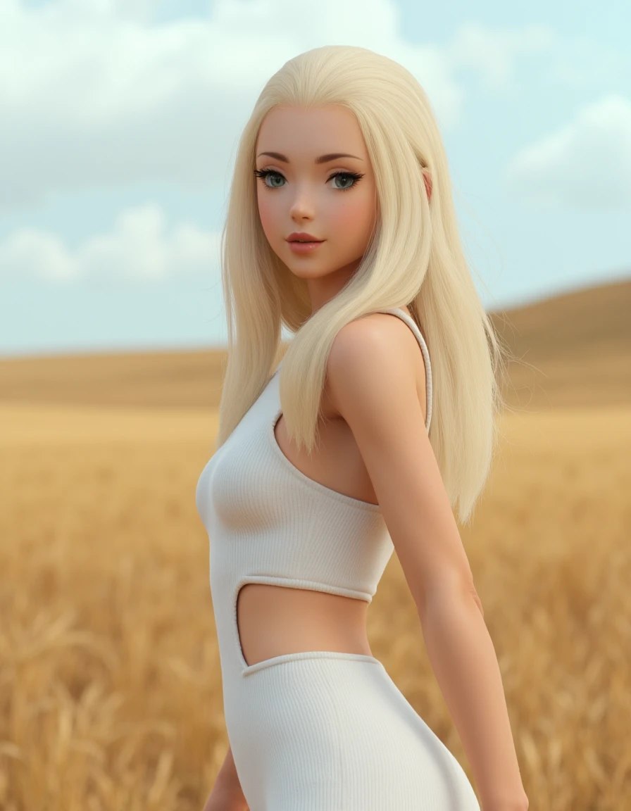 <lora:Edea_Lee:1>,
This is a realistic scene with Edea Lee with a fair complexion and long straight platinum blonde hair. She is wearing a white sleeveless outfit. The rendering style is highly detailed and textured. It is taken in real life and is very realistic, full body shot in the middle of a field.