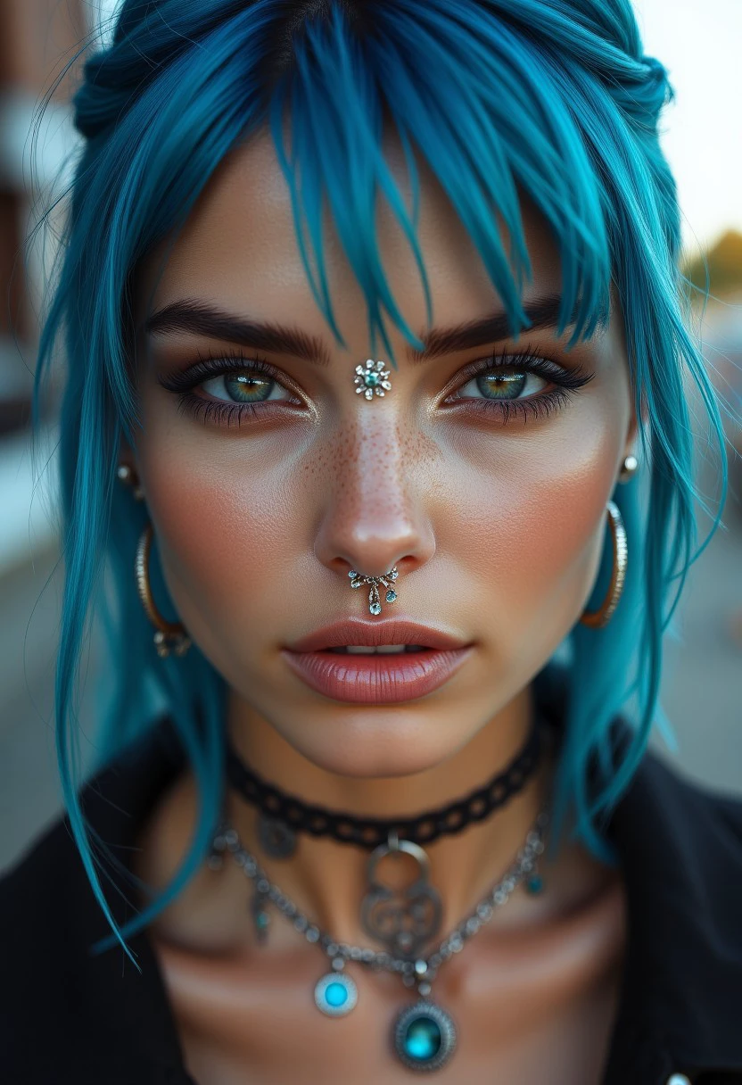 Close-up portrait of a striking young woman with vibrant, electric blue hair, showcasing multiple facial piercings including a nose ring, septum ring, and lip stud, against a blurred urban background. The edgy aesthetic is enhanced by dramatic lighting that highlights her flawless skin and sharp features. Her expression is intense, with a bold, fearless gaze that captures the essence of alternative beauty.