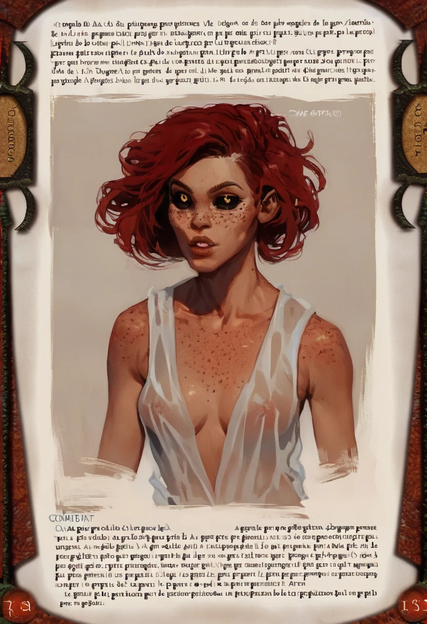 Score_9, score_8_up, score_7_up, solo, , 1girl, faery, medium breast, transparent dress, portrait, plunging neckline,red facial mark, redhair, freckles, black sclera, yellow eyes, parted lips, puffy_lips, <lora:ADD_3.5_Monster_Manual_PonyXL:1.2> text, character name, character_profile