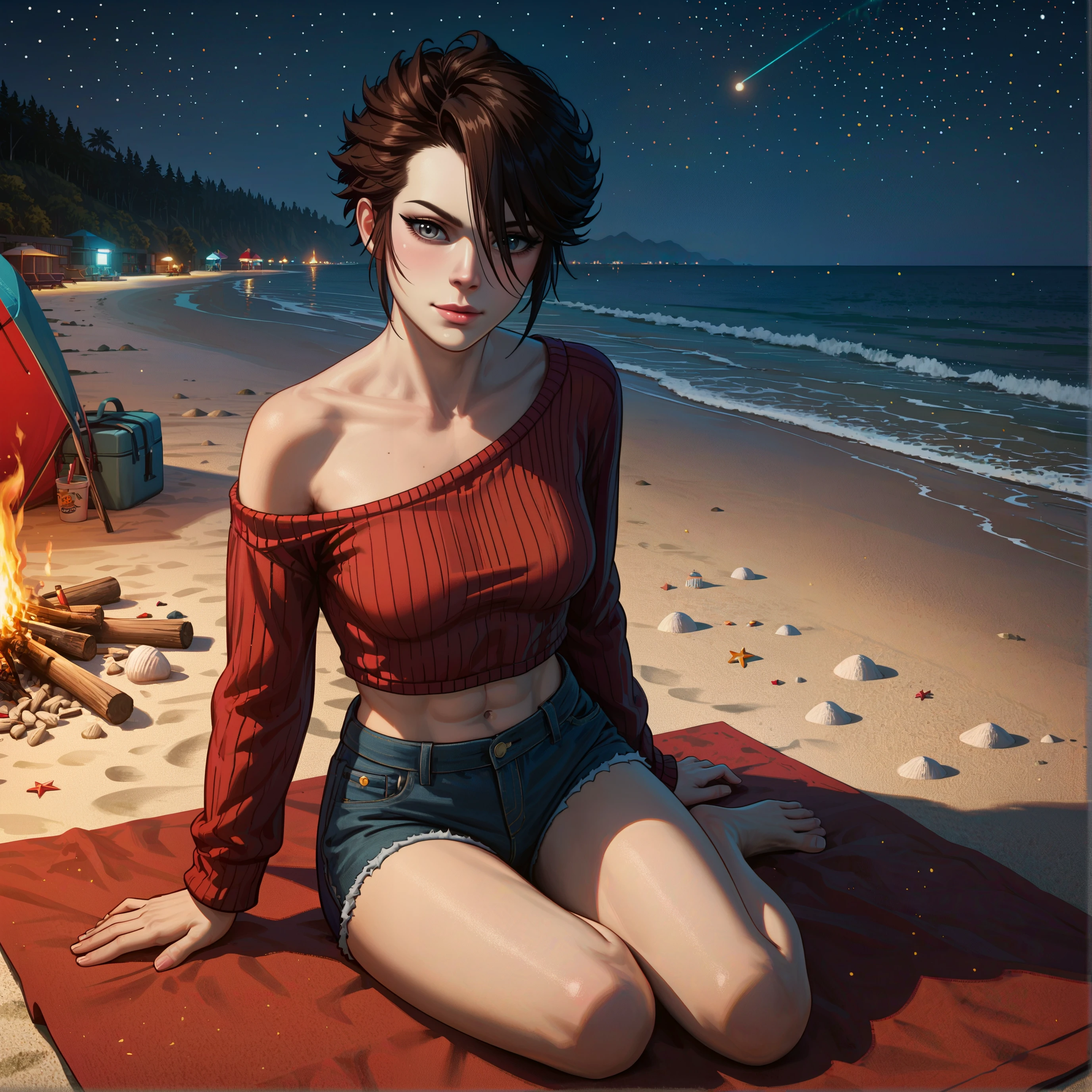 score_9, score_8_up, score_7_up, score_6_up, score_5_up, score_4_up, best quality, highly detailed, (masterpiece),  1girl, brown hair, grey eyes, eikotz, tomboy, short hair, medium breasts, fit, abs, happy, shy, beach bonfire, off-the-shoulder sweater, cut-off denim shorts, bare feet, playful smirk, starlit sky, warm firelight, view from above, seductive presence, natural beauty, laid-back vibe, intimate connection, nighttime beach, sitting next to fire,  night, dark theme, low light, bonfire, fire pit, starry sky,   <lora:Selftrained-Tests\Eiko-TerminatorZeroHighDimm:0.7>