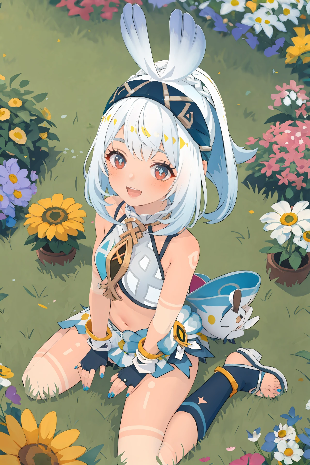 1girl, mualani \(genshin impact\), fingerless gloves, nail polish, crop top, bow hairband, sarong, sandals, stirrup legwear, waist bow, bodypaint, looking at viewer, sitting, garden, wariza, from above, flower, smile, open mouth, depth of field