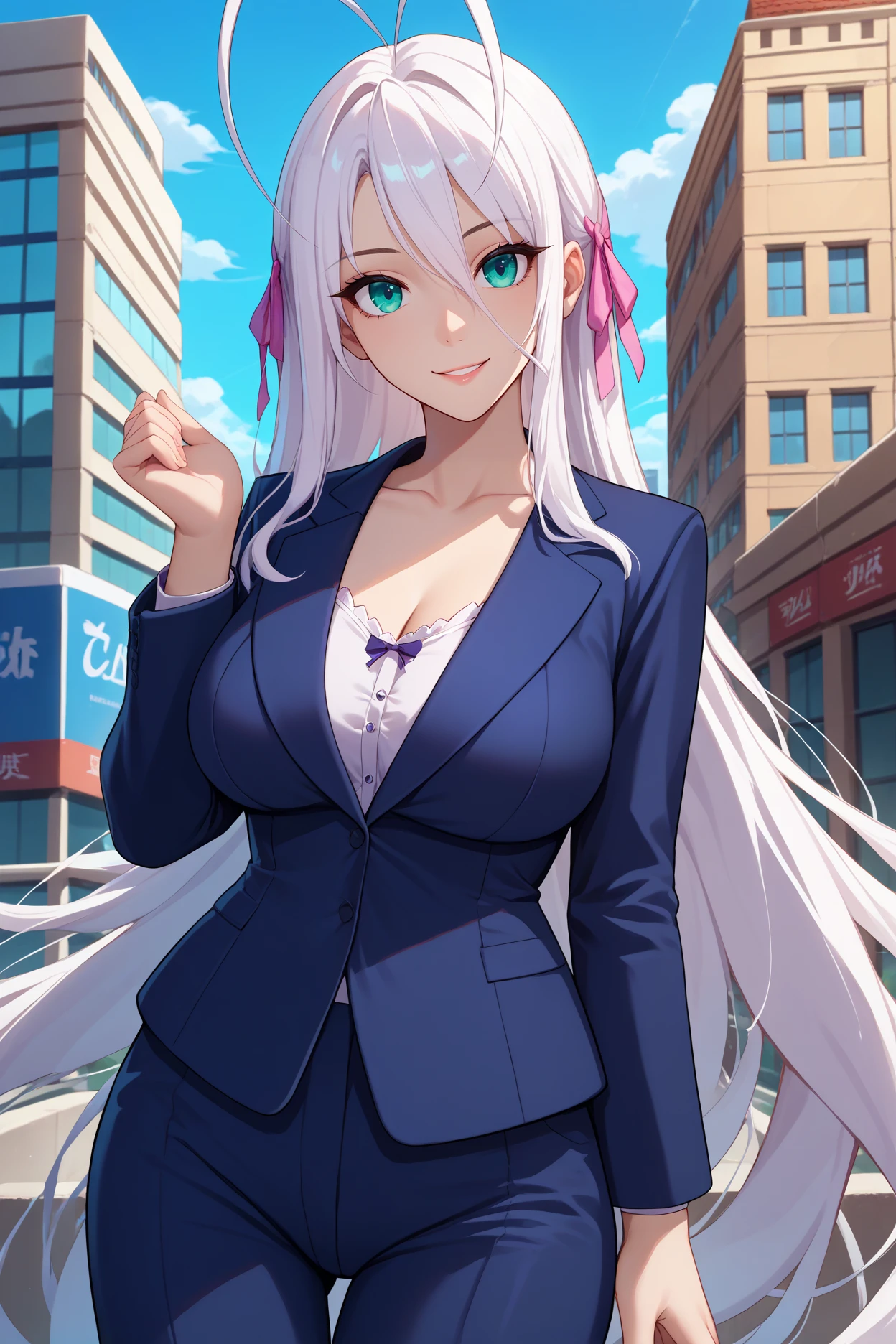 score_9, score_8_up, score_7_up, score_6_up, source_anime, 1girl, solo <lora:rossweisse-pdxl-nvwls-v1-000005:1> dxdRos, white hair, antenna hair, very long hair, cyan eyes, hair ribbon, black suit, formal, collarbone, black pants, (huge breasts:0.8), looking at you, smile, city, blue sky, building, clouds, portrait, upper body