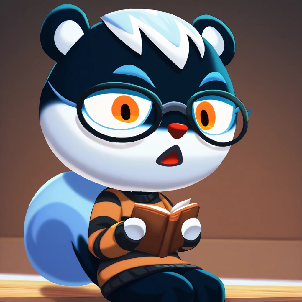 <lora:Tasha_AnimalCrossing-05:1> score_9, score_8_up, score_7_up, source_furry BREAK, tasha_animalcrossing, furry female, squirrel girl, sitting, indoors, black wallpaper, open mouth, round eyewear, striped sweater, black glasses, holding book, looking down