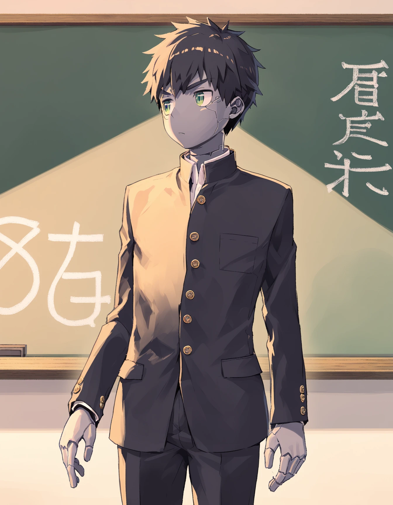 score_8, score_8_up, score_7_up, score_6_up, source_anime, indoors, chalkboard, cowboy shot, 1boy, solo, black hair, android, joints, grey skin, green eyes, school uniform, gakuran, black pants, standing, looking away <lora:steelwire_AMXL_v1c-ShoAI:1>