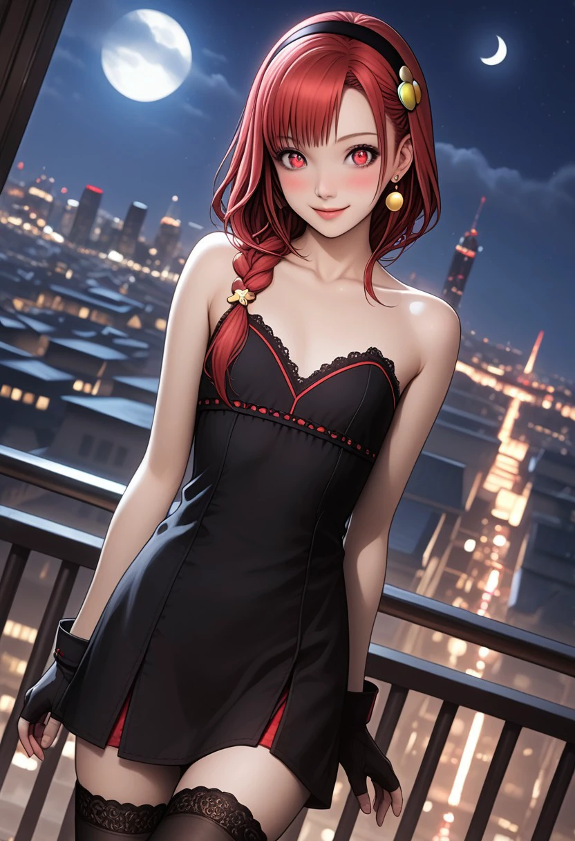 1girl, long length hair, side braid, vermillion hair, crimson eyes, round eyes, pale skin, tiny breasts, flat chest, detailed background, short girl, cute face, innocent, shy, dynamic pose, perfect face, frickles, cute cupid lips,  detailed background, vermillion hair,
bare shoulders, black dress, black gloves, cleavage, dress, earrings, gloves, gold earrings, hair ornament, hair band, jewelry, bare shoulders, collarbone, fingerless gloves, thighhighs, black thighhighs,, cityscape, night, moon, blush, smile, cowboy shot, dutch angle, solo, red hair