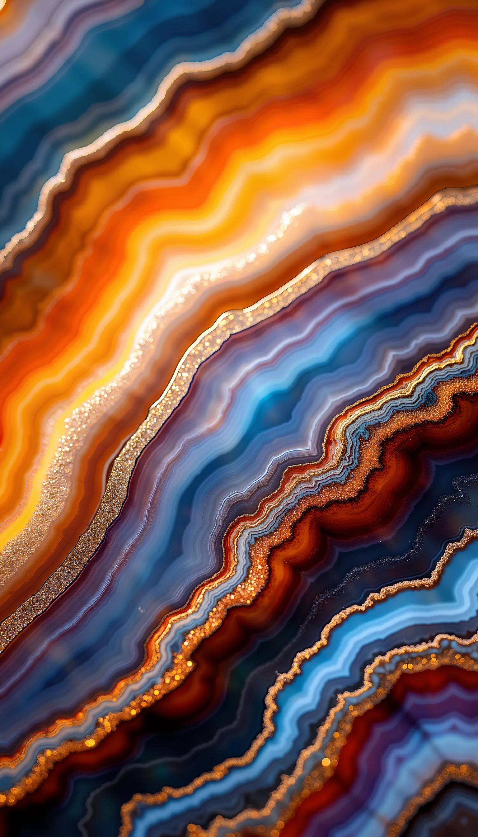 An ultra-photorealistic image of a beautifully detailed agate, captured in a professional macro shot. The agate's natural colors range from vivid earth tones to soft ombre gradients, all showcased through its sleek lines and abstract form. The polished, reflective surface of the stone is highlighted by a dynamic interplay of light and shadow, giving it a metallic luster that is both modern and timeless. This image, full of intricate details, captures the essence of the agate in a way that is both artistic and photorealistic. With ultra-high resolution and award-winning quality, it stands as a masterpiece of contemporary art. <lora:Midjourney_Whisper_AgateX_v1_epoch_20:1>,