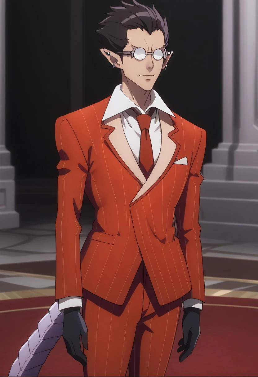 score_9, score_8_up, score_7_up, source_anime, rating_safe, DemiurgeOL, black_Demiurge_hair, opaque_Demiurge_glasses, grey_Demiurge_piercings, 1boy, male focus, anime screencap, red_Demiurge_pinstripe suit, white_Demiurge_shirt, black_Demiurge_gloves, red_Demiurge_striped pants, light purple_Demiurge_tail, red_Demiurge_necktie,