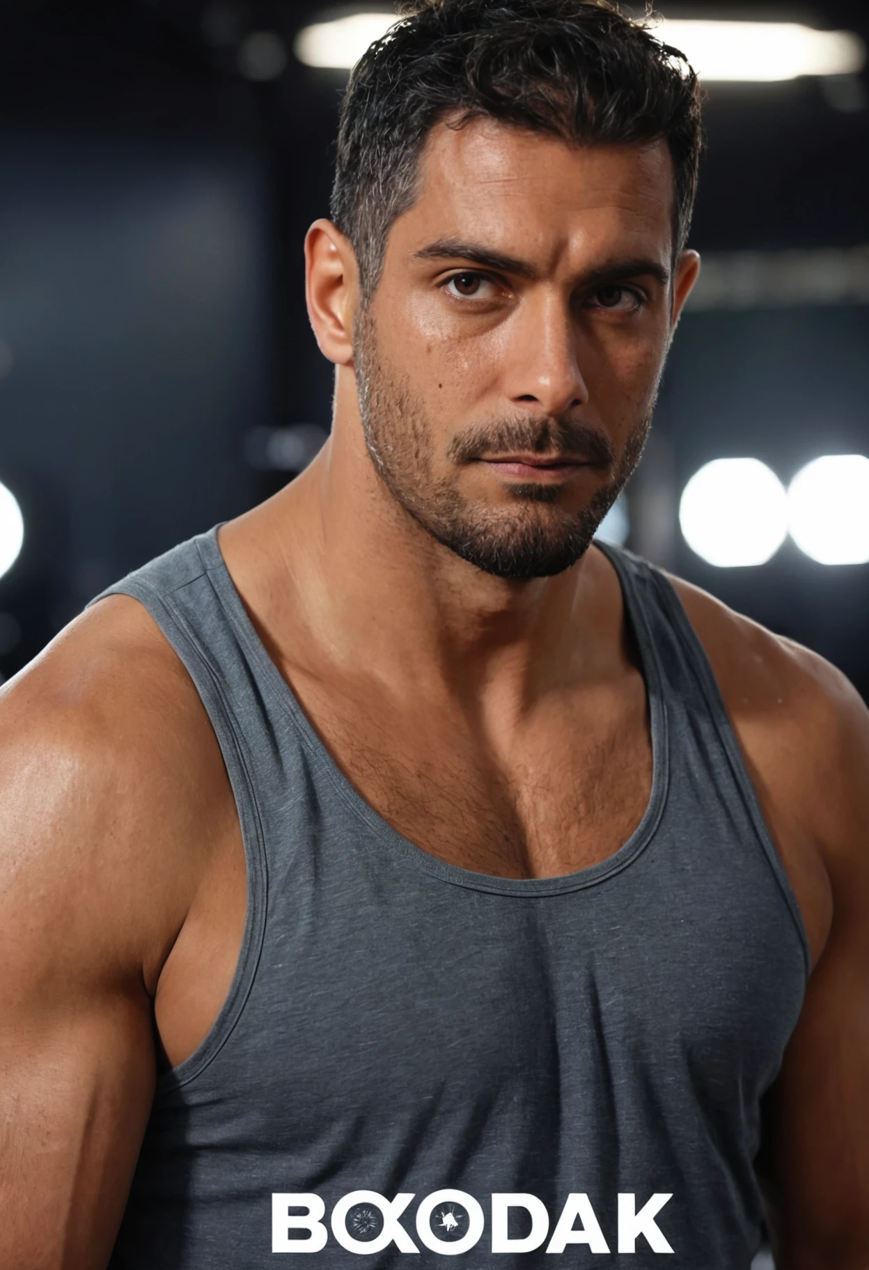 photo of a man, facial hair, boxer training, tank top, serious, stoic cinematic 4k epic detailed 4k epic detailed photograph shot on kodak detailed bokeh cinematic hbo dark moody, <lora:Jim_Garo_SDXL:.9>