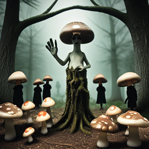 the mushroom cult, a group of mushroom people at a sacrifice