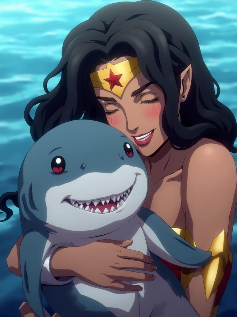 ntflxcstlvn style, anime screencap, wonder woman hugs cute little pet shark, shark have dog-like paws instead of fins and cute muzzle with wide smile and sharp teeth, wonder woman smiles softly and her eyes closed  <lora:SXZ_Castlevania_Flux:1>