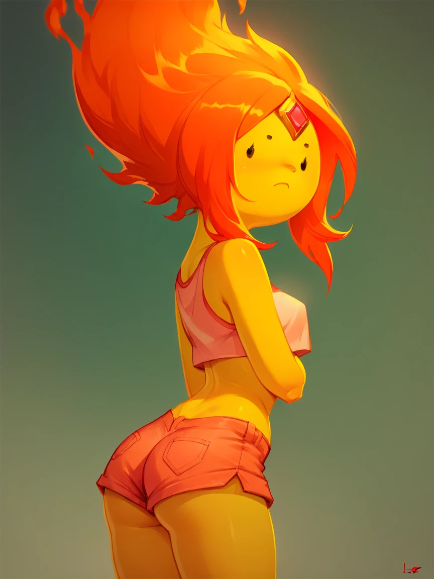 score_9, score_8_up, score_7_up, score_6_up, score_5_up,  <lora:fl4m3PXLP:1> fl4m3p, 1girl, solo, fiery hair, forehead jewel, yellow skin, orange hair, crop top, short shorts, ass,