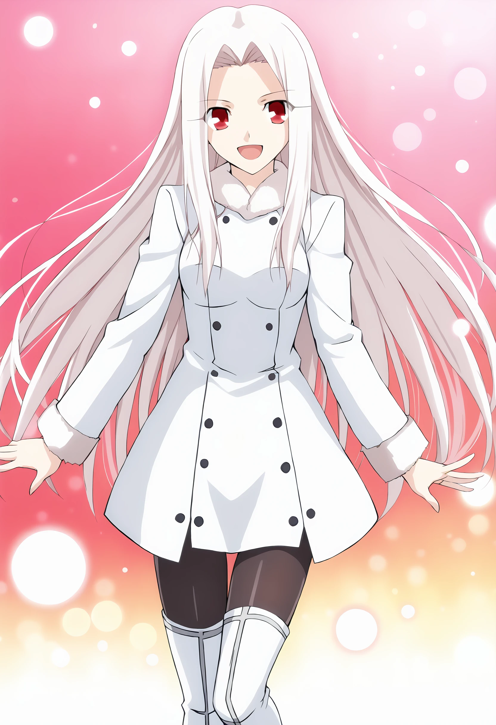 score_9, source_anime, <lora:Irisviel von Einzbern pony:1> , irisviel von einzbern, thighhighs, thigh boots, boots, long hair, red eyes, white hair, coat, pantyhose, white footwear, open mouth, smile, 1 girl, solo