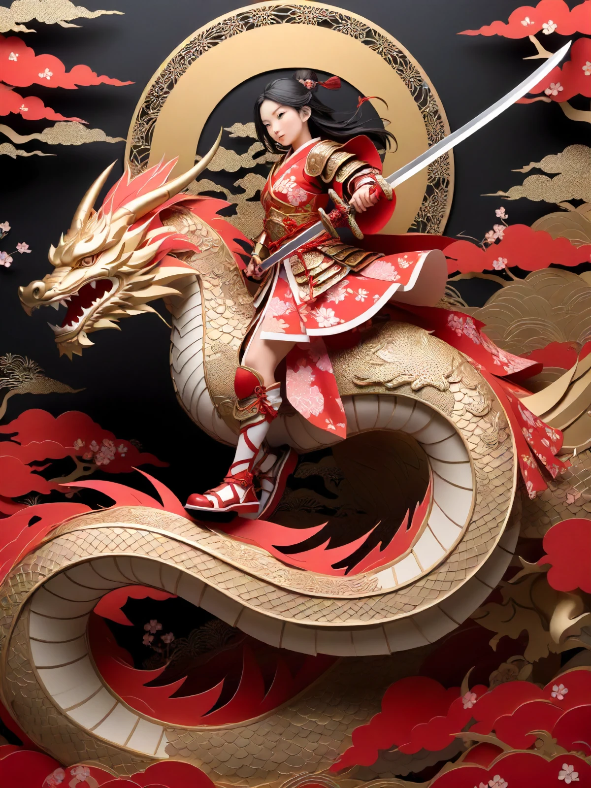 Masterpiece, Award-winning work, paper cut art, intricate patterns, delicate craftsmanship, depth and dimension, creative expression, 1girl, japanese armor, full armor, 
The female swordsman rides on the easten dragon's back and wields a sword,