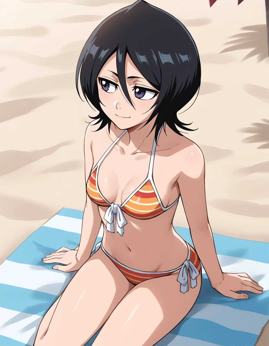 score_9, score_8_up, score_7_up, BREAK, 1girl, solo, breasts, noodlegorillaz, 1girl, solo, blush, bangs, light smile, black hair, on beach, profile, pink bikini, sitting on sand