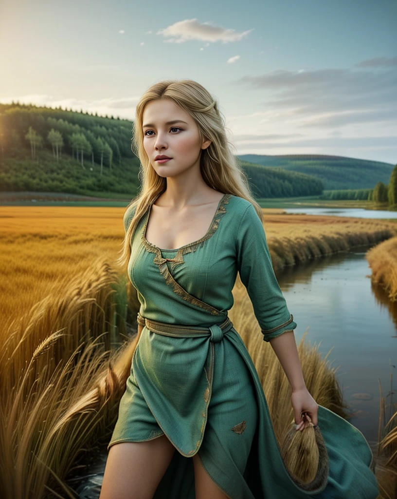 <lora:ParAnimeR:0.52>, In the serene landscapes of Sweden's countryside, where ancient forests meet rolling hills and tranquil lakes, a young feminine farmer takes place in a dynamic pose. Her slender fertile form embodies the resilient spirit of Northern Europe. As the gentle light of dawn envelops the Nordic landscape, she stands beside a babbling creek, surrounded by fields of wheat and grazing cattle. Her fertile body, ((wrapped in a tattered traditional vibrant dress)), emanates proud erect feminity. Her sturdy, agile frame, a classical beauty with well-proportioned curves that stand the test of time, shaped by generations of Scandinavians cultivating the land, emanates natural beauty. With alluring sun-kissed pale skin glowing with alluring warmth and contrasting against her platinum blonde wind swept hair, and fair complexion, she personifies the untamed fertile beauty of Sweden, a harmonious fusion of vigor and Nordic heritage that resonates with the imminent enduring allure of rural life in the Swedish countryside.