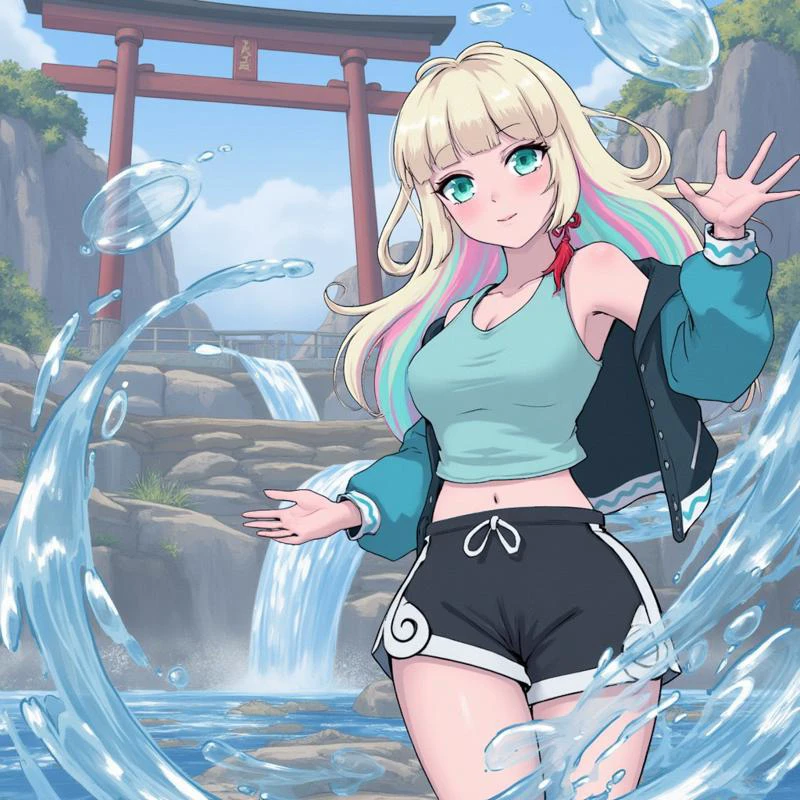 Mizuki, aqua eyes, long blond hair with pink highlights , red earring, platform sandals, black shorts, aqua tank top, aqua jacket, close up, on a hill with a tori gate, waterfall, water magic