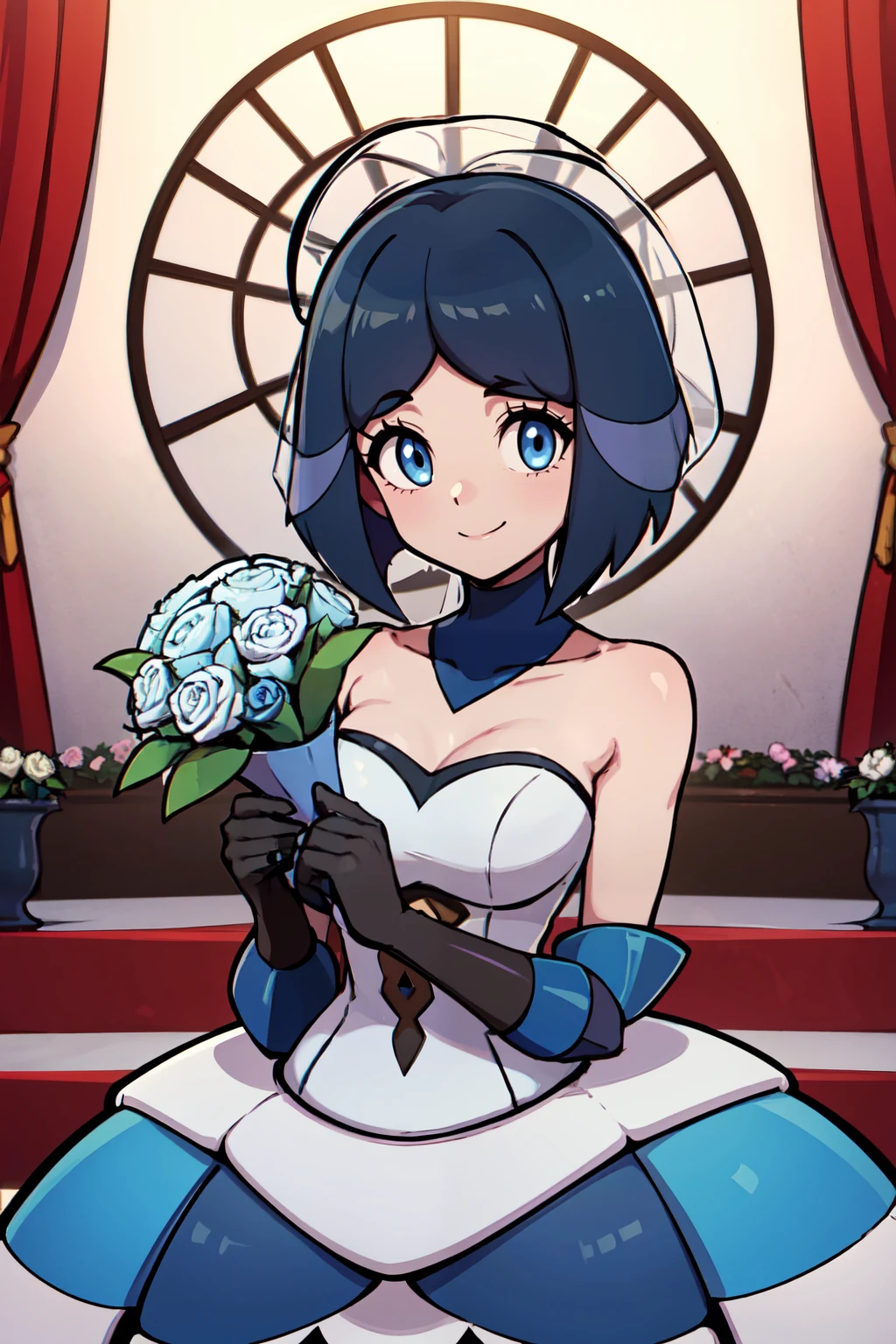 ((masterpiece,best quality)), absurdres, BREAK, , <lora:Evelyn_Pokemon:0.8>, zzEvelyn, blue eyes, blue hair, short hair, bangs, , BREAK, bride, wedding dress, bridal veil, strapless dress, elbow gloves, holding bouquet,, BREAK, solo, smile, looking at viewer, cowboy shot,