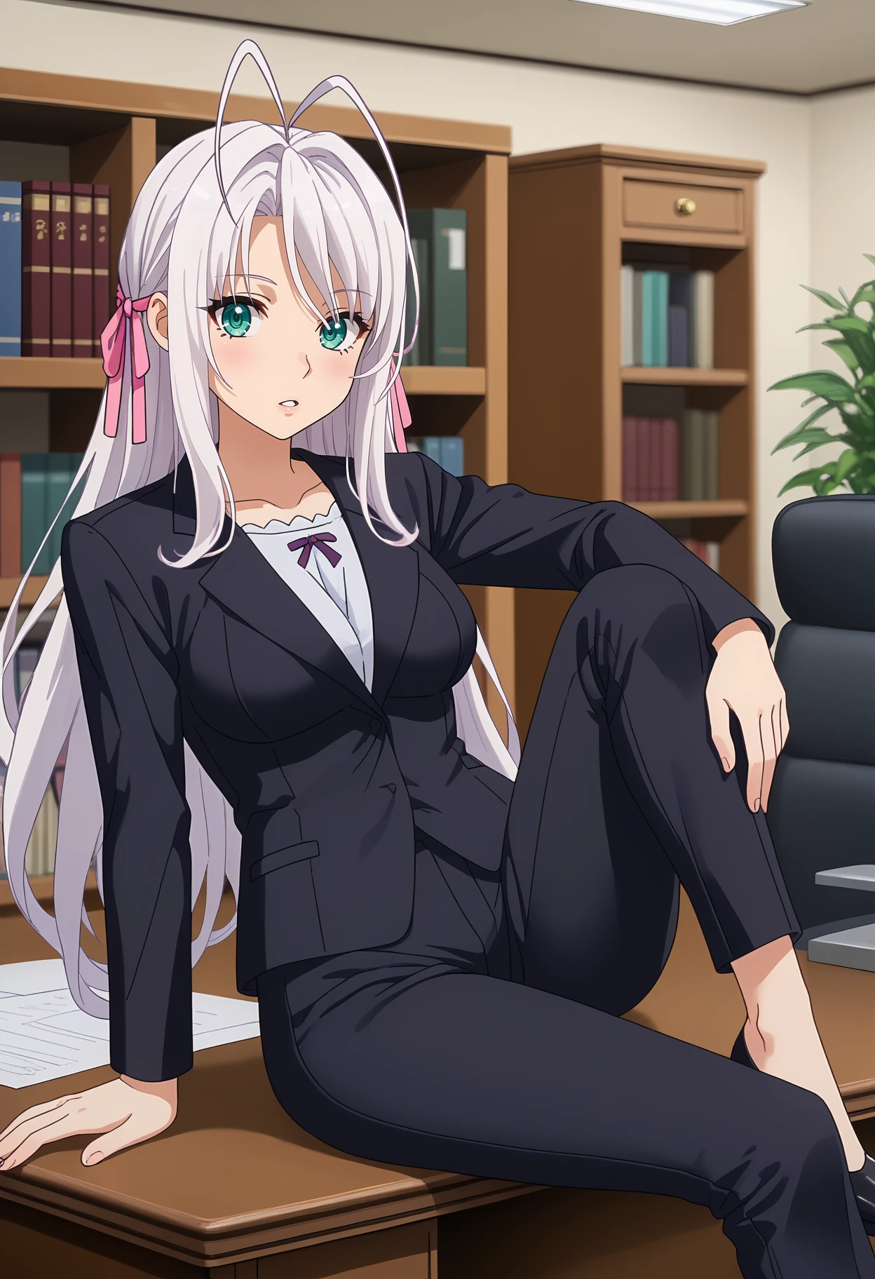 score_9,
<lora:HighschoolDxD_RossweisseXL:0.8>,
1girl, solo, parted lips, light blush,
long hair, white hair, antenna hair, aqua eyes, hair ribbon, pink ribbon,
RossweisseSuit, black suit, black pants,
sitting, on table, knee up, looking at viewer,
blurry background, indoors, office, bookshelf