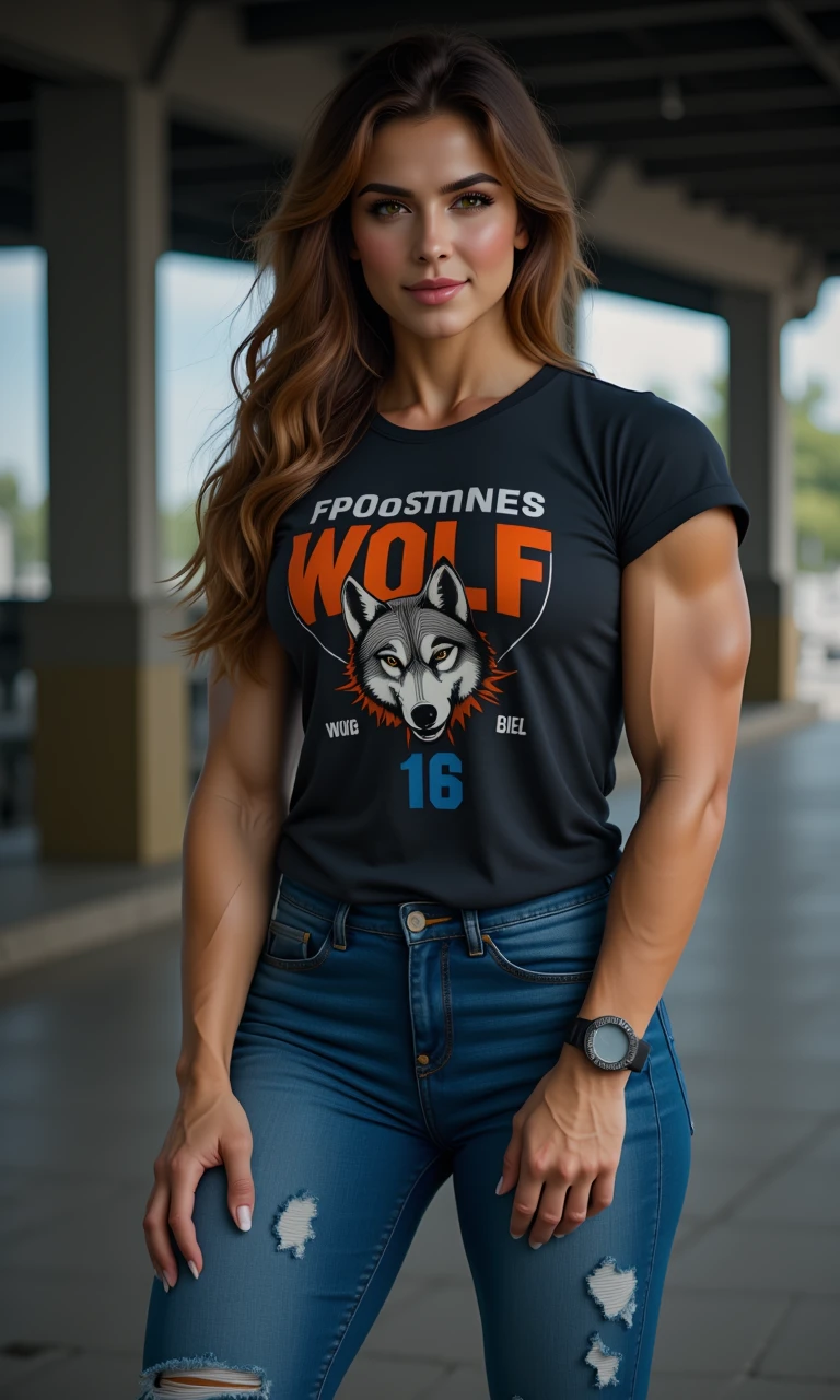 
a woman posing for a photo, jeans, t-shirt that says "wolf_systems" with wolf emblem, muscular, 

visual style: wgymbunnf1, Ensure the overall visual style is consistent with high-quality photography, depth of field, sfw, Instagram photo 2020, light filmgrain, cinematic, modelshoot
