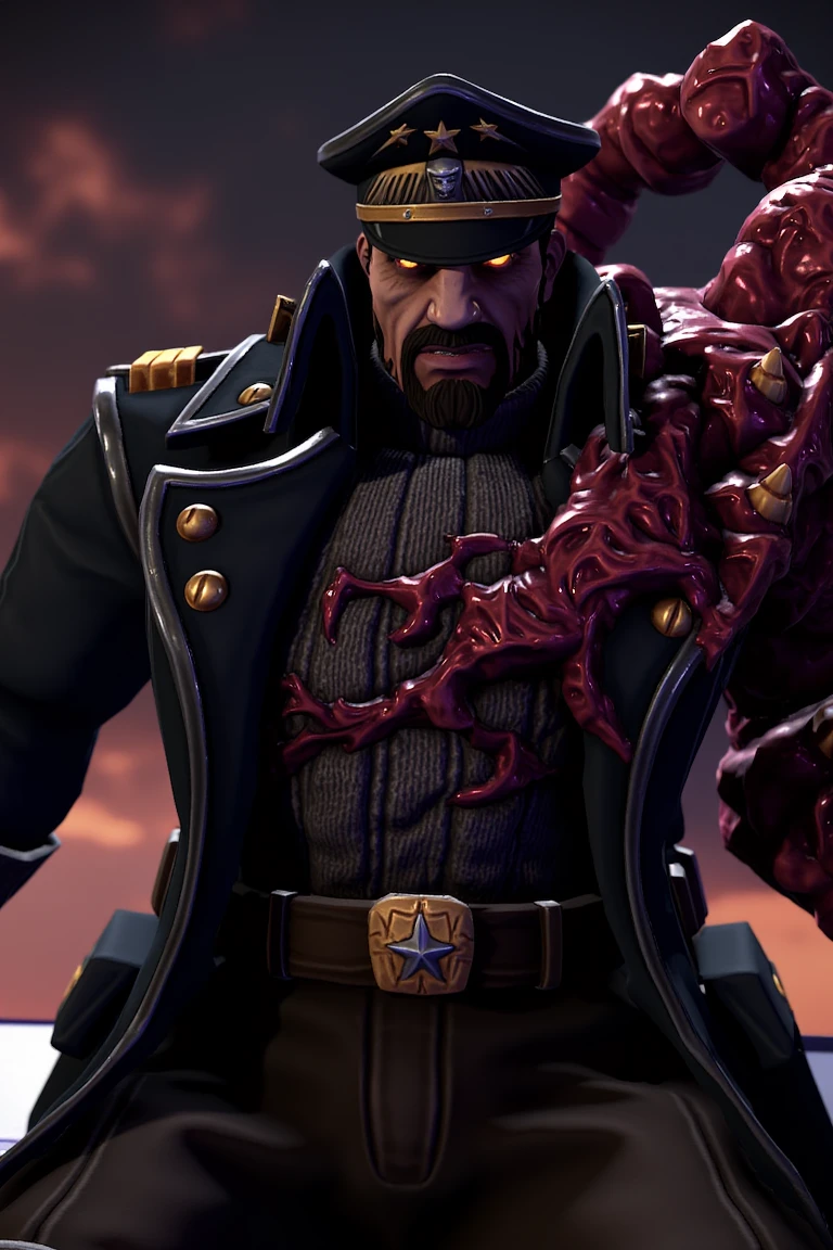 Stukov, black facial hair, glowing yellow eyes, he is half man and monster, depicted as a photorealistic character, manly, black-grey open coat with golden buttons and an epaulette on his right shoulder, he is wearing brown gloves for his right hand, looking at viewer, he is wearing a black military peaked cap with gold designs, he is wearing brown pants, he is wearing a dark brown belt with a golden-silver buckle that has a star symbol on it, open mouth, teeth, his left hand is mutated with dark red tentacles and yellow tipped claws, he is wearing grey turtleneck under his coat, black-grey boots, sitting