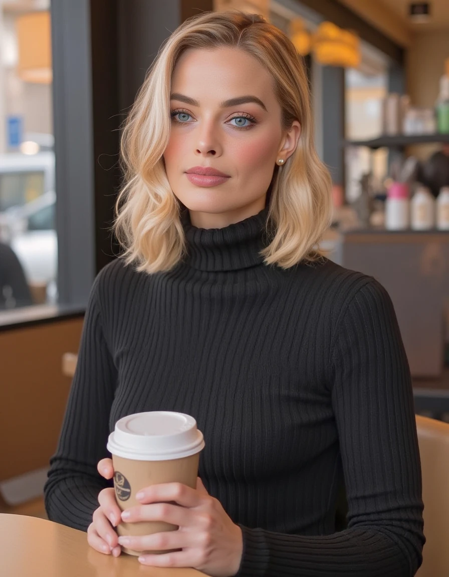 <lora:Margot_Robbie:1> realistic photo of margotrobbie, makeup,  wearing a fitted turtleneck sweater dress,  in a cafe having a coffee.