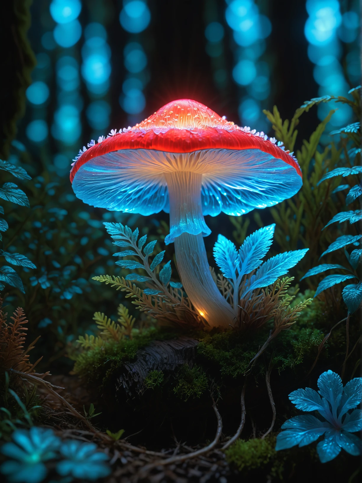 intricate diorama, photorealism, intricate details, extremely detailed, masterpiece, outstanding intricacies, best quality, hires textures, high detail, incredibly detailed, cinematic lighting, a solitary glowing red bioluminescent flower. The nearby vines and undergrowth add richness to the scene, a holographic image captures a single bloom glowing softly on a moss-covered log. A holographic digital style image captures a single flower shedding a subtle red light that highlights the immediate area. the shroom, casting an eerie glow that illuminates the surroundings. Casting a gentle blue glow on its surroundings. its location within the room is not discernible from the image, warm light. this gives the impression of a bioluminescent organism, intricately detailed, true masterpiece, studio quality overall detail, painstaking attention to details, UHD, <lora:Everything_Iridescent:1>