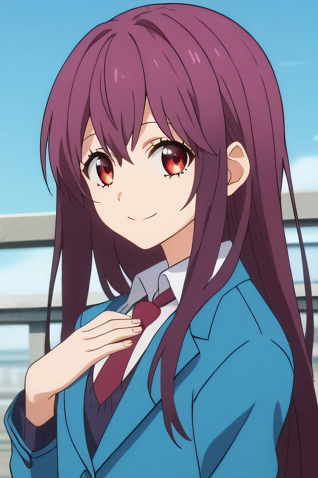 score_9, score_8_up, score_7_up, source_anime, rating_safe, intricate details, anime screencap, official style, 1girl, <lora:Akari_Hayasaka:1>, akari, purple hair, red eyes, long hair, school uniform, blue jacket, red necktie, hand on chest, five fingers, looking at viewer, outdoor, smile, upper body