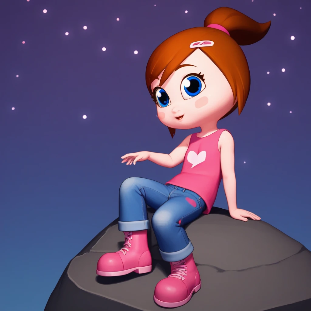 score_8_up, BREAK, IlonaMitrecey, 1girl, solo, brown hair, ponytail, blue eyes, pink shirt, pants, pink boots,  <lora:IlonaMitrecey_PXL_Leaf1:1>, starry background, sitting on rock,