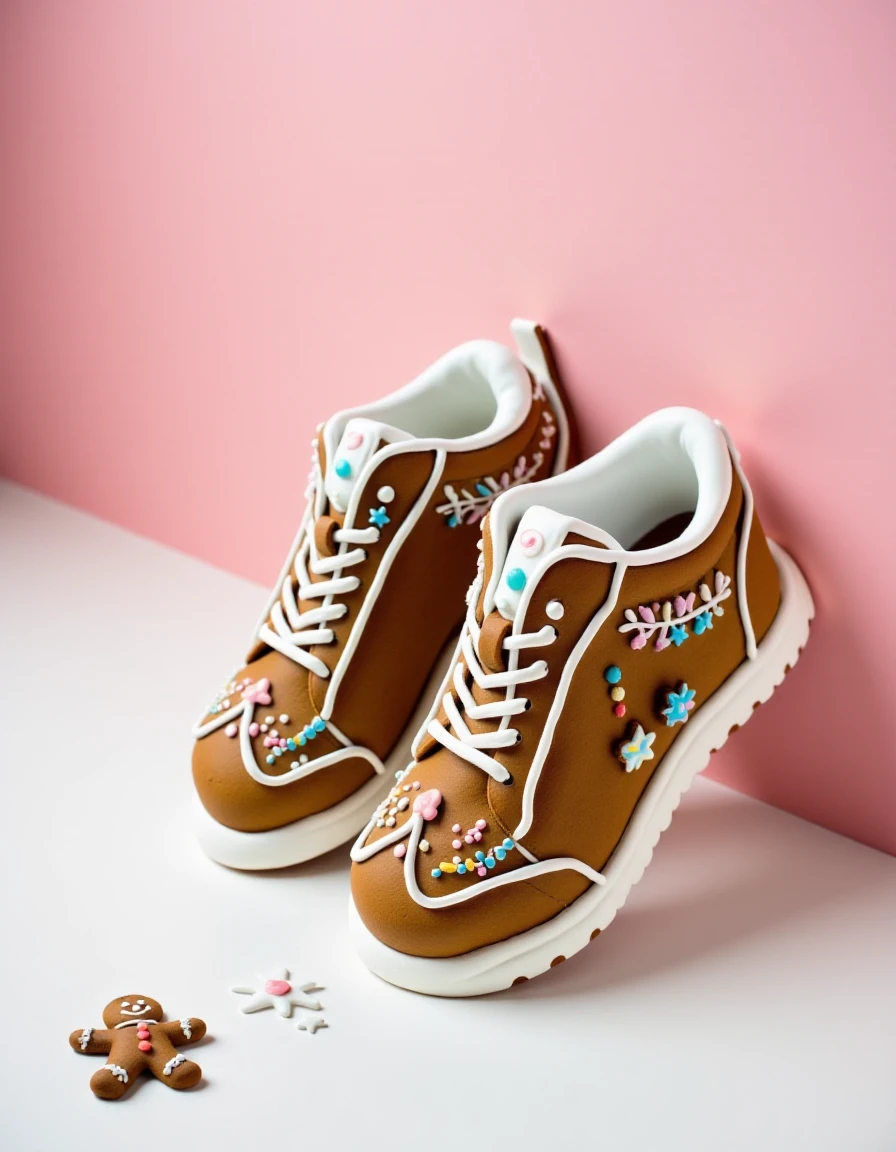 a pair of sneakers made out of Gingerbread,     <lora:Flux Gingerbreadstyle_epoch_5:1>