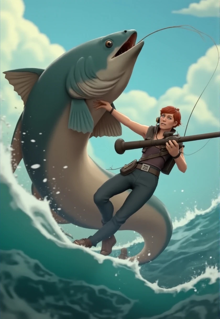 tf2style, a woman reeling in a large fish.   