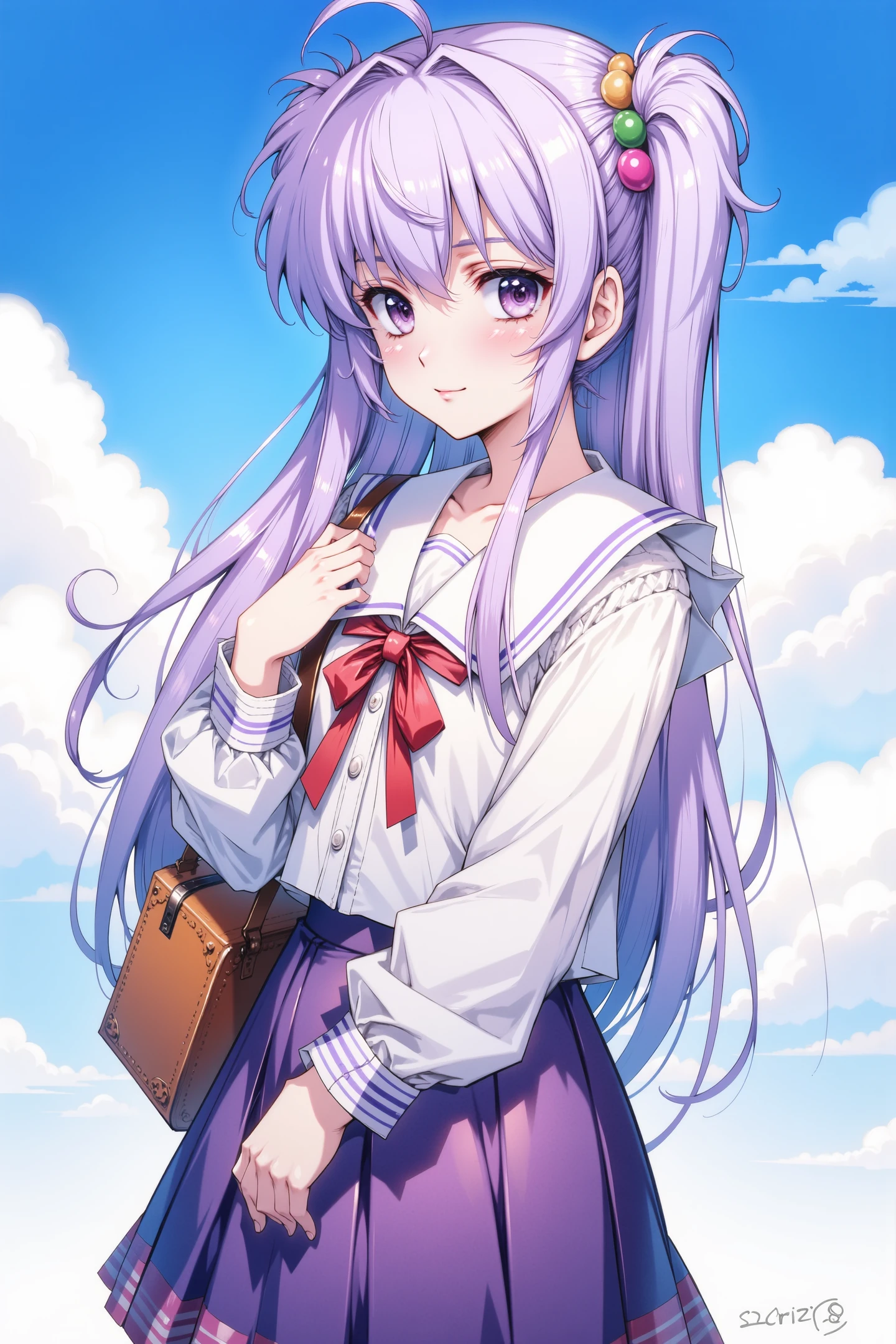 Iriya Kana,1girl, solo, skirt, long hair, hair ornament, holding, long sleeves, shirt, ribbon, pleated skirt, looking at viewer, cloud, puffy sleeves, hair bobbles, sky, school uniform, purple skirt, purple eyes, red ribbon, neck ribbon, purple hair, bangs, closed mouth, smile, white shirt, very long hair, cowboy shot, juliet sleeves, blush, bag, frills, v arms, sailor collar, blue sky, hair intakes, hair between eyes, holding bag, one side up, standing, layered sleeves, cloudy sky, day, low-tied long hair, sleeve cuffs, outdoors, antenna hair,
<lora:flyx3_FLUX_v2:1.0>,